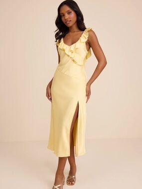 Lenny Pale Yellow Satin Ruffled Midi Dress // Yellow Ruffle V-Neck dress